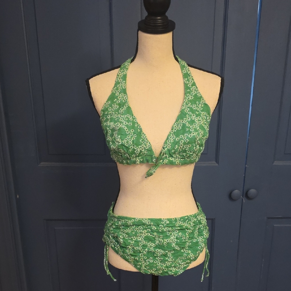 Rare Early 60s Vintage Cotton Green Floral Halter Bikini Pristine Fits 6 Or 8